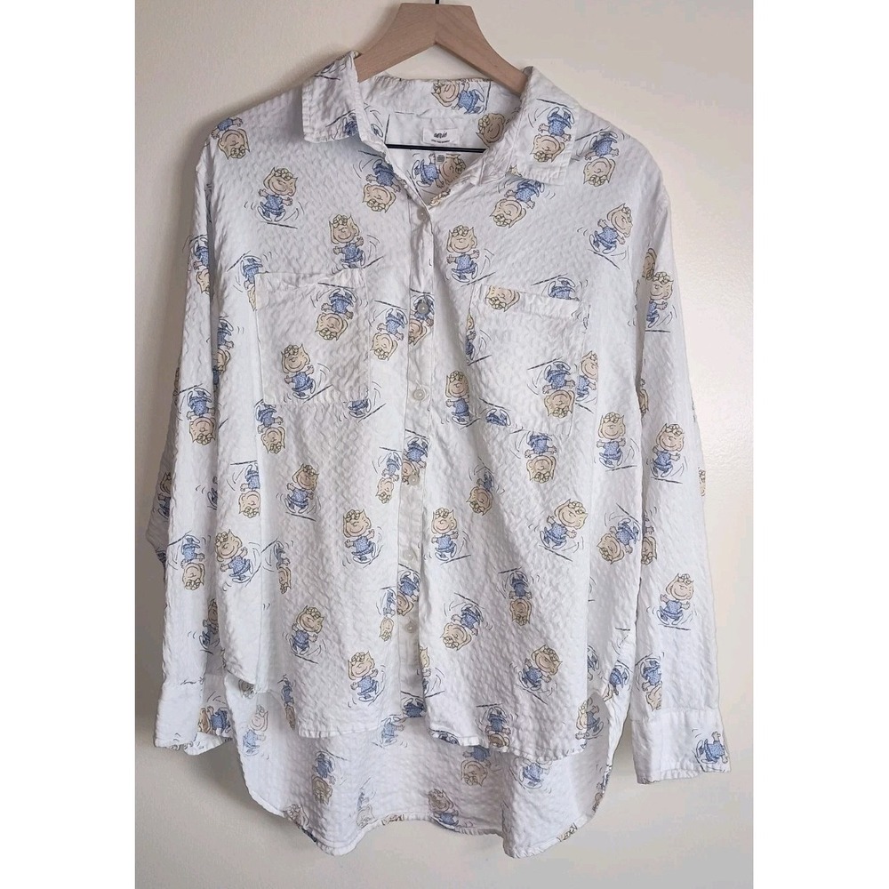 Aerie Peanuts Sally Brown Lounge Button-Up Shirt White Seersucker Sz L Oversized - Picture 1 of 9